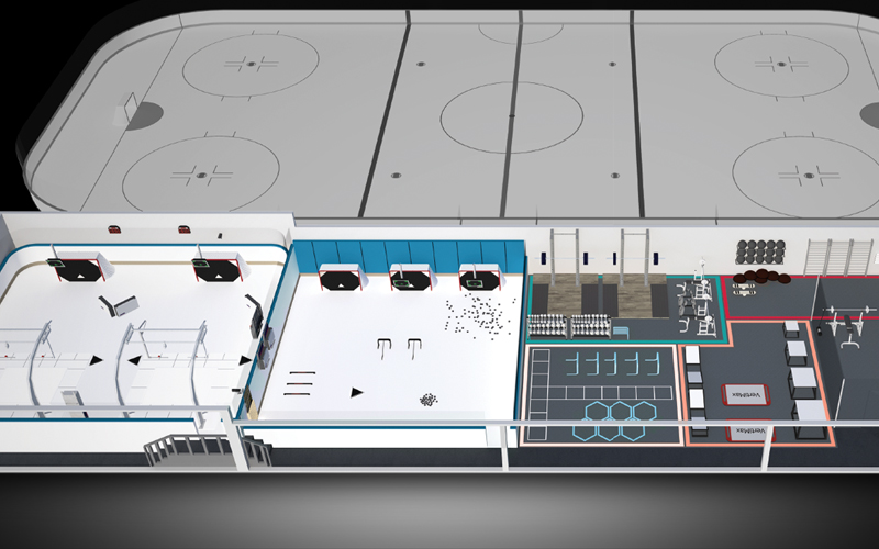 3D visualization of components in a hockey training facility with skatemill