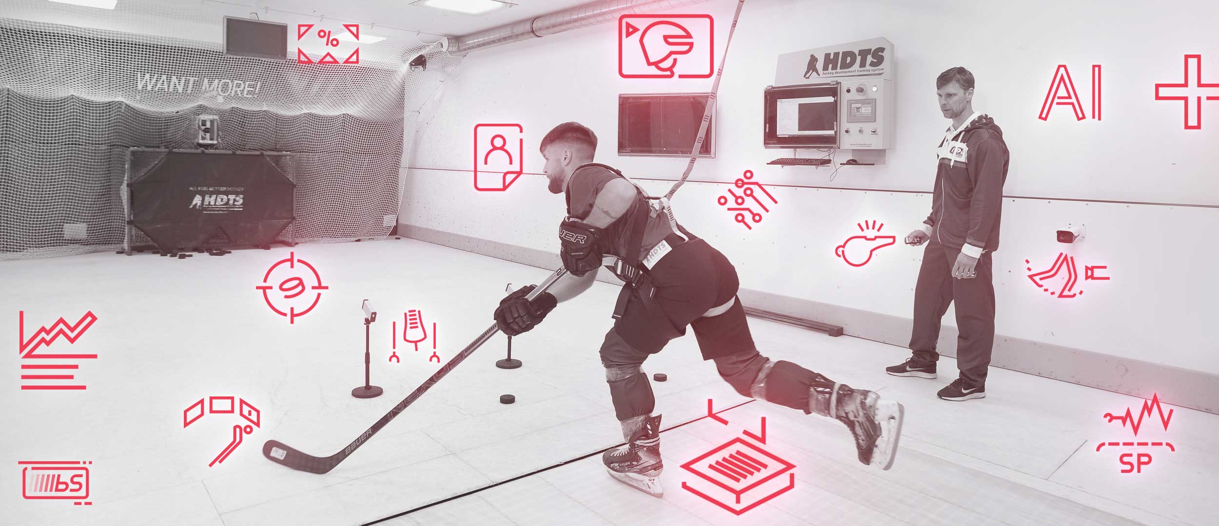 Hockey player training on HST skating treadmill in Fusion Skating zone with AI analytics overlay